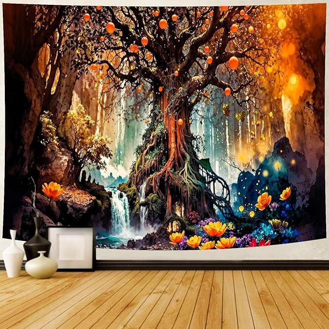 Delur Magical Forest Tapestry Fantasy Tree of Life Fairy Tale Enchanted Mystical Forest Tapestry Psychedelic Nature Landscape Wall Hanging Headboard for Bedroom Living Room Home Decor (59.1" x 78.7")-Ruum Studio Home