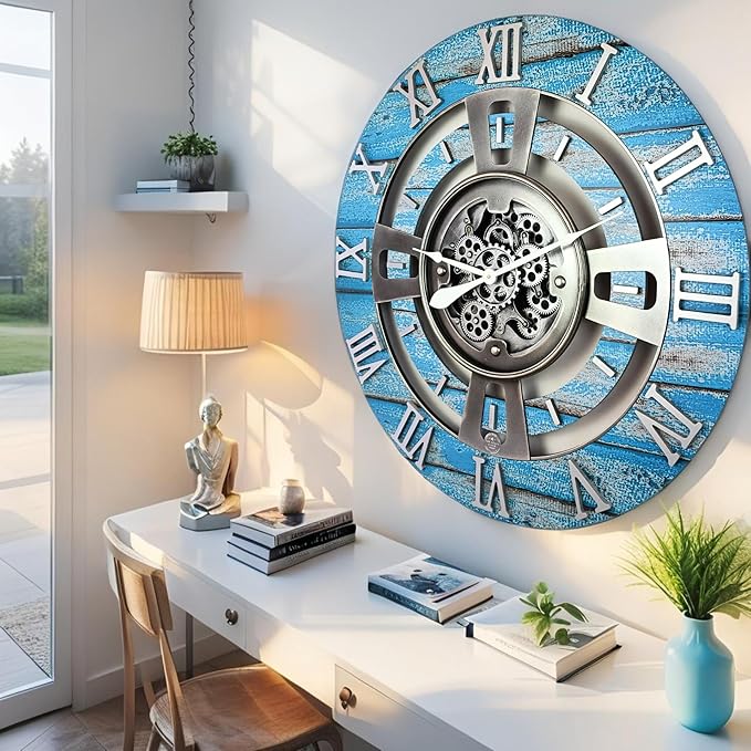 The Gears Clock Real Moving Gear Wall Clock England Line (Ocean Blue, 24 inches (60 cm))-Ruum Studio Home