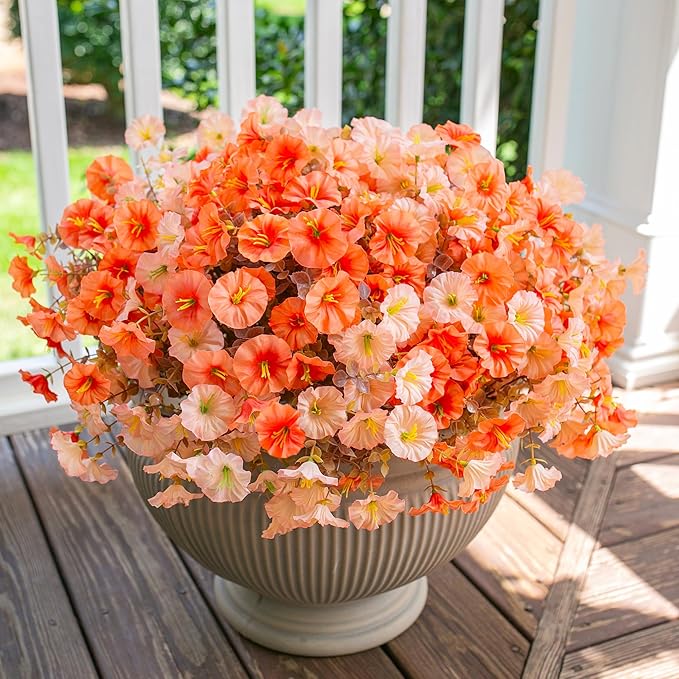 Artificial Mums for Outdoors Fake Fall Flowers Plants for Autumn Decoration, 12 Bundles Silk Morning Glory with Eucalyptus Look Real UV Resistant Faux Mums for Outside Planters Yard Patio Porch, Mix-Ruum Studio Home