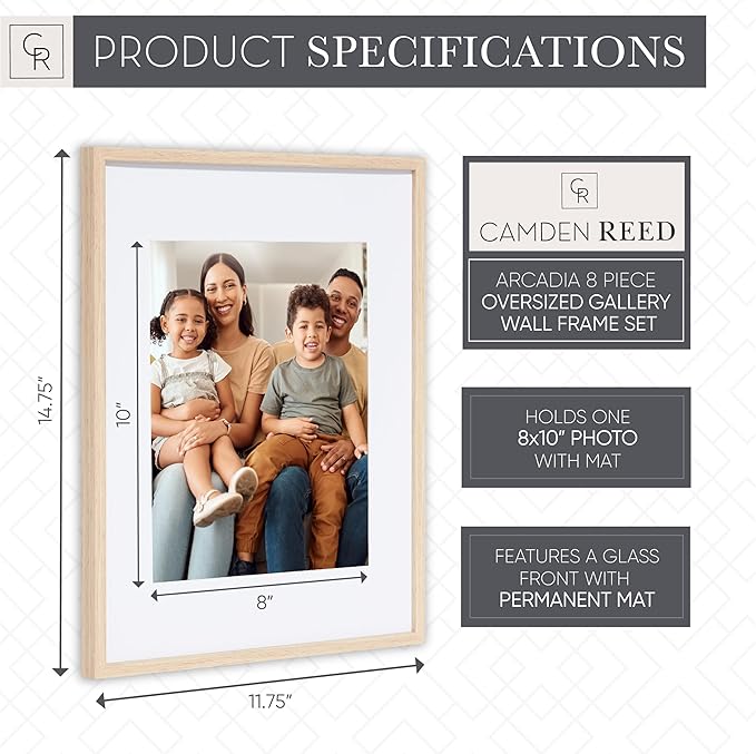 Camden Reed Arcadia 8 Piece Oversized Gallery Wall Frame, 11x14 and 11x11 inch matted frames for featuring 8x10 and 8x8 Inch Photographs or Art Prints, Natural Finish-Ruum Studio Home