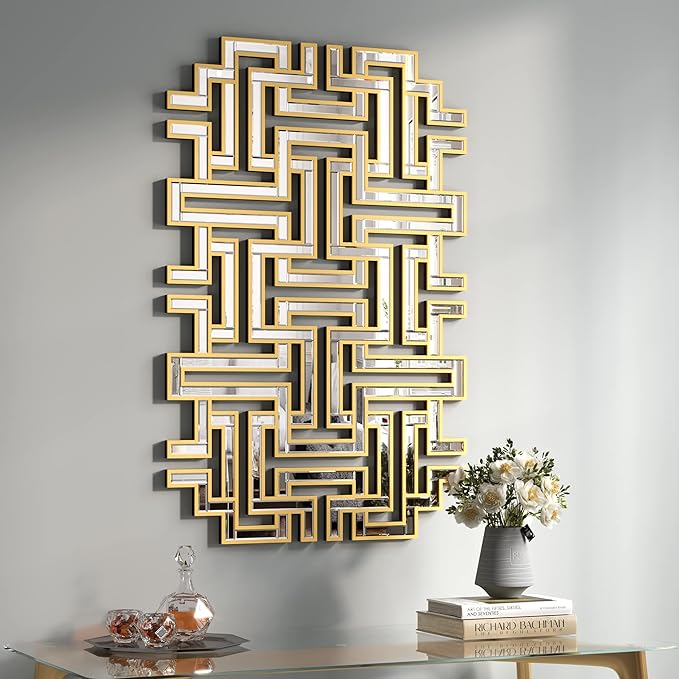 KOHROS Large Modern Gold Wall Mirror - 46.5"x30" Geometric Maze Design Decorative Mirror for Home Decor Living Room Entryway Hallway Farmhouse, Mirrors for Wall Decor-Ruum Studio Home