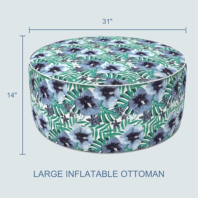 LVTXIII Indoor/Outdoor Inflatable Ottoman, D31 x H14 Inch Large Round Ottoman, All Weather Foot Rest Stool, Portable Footrest for Patio, Garden, Camping and Home - Blue Salmone Tropical-Ruum Studio Home