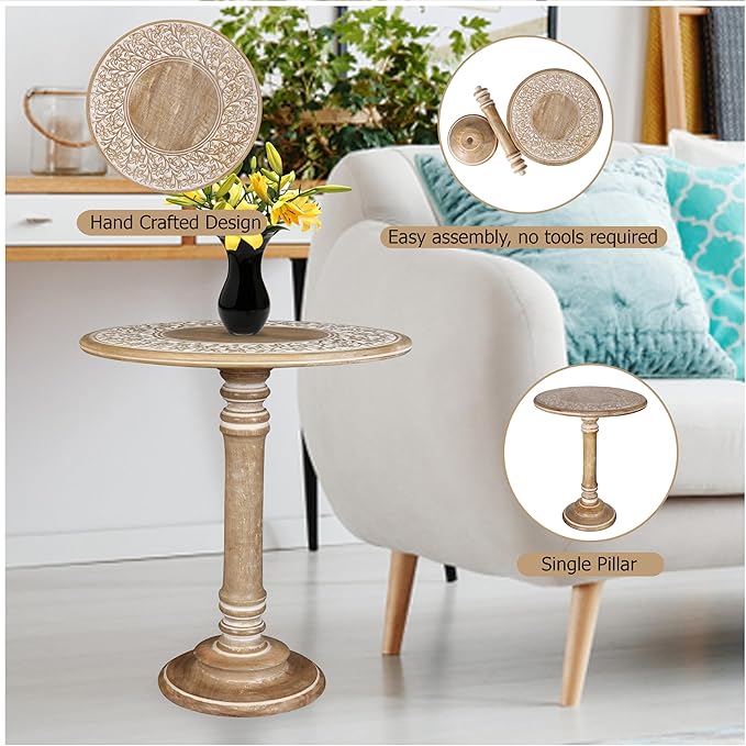 Lightnpro Carved Round End Table with Single Pillar - Handcrafted Accent Bedside Nightstand Side End Table for Living Room, Entryway, Vintage Desk for Books, Plants & Décor - 18x22 Inch - White Wash-Ruum Studio Home