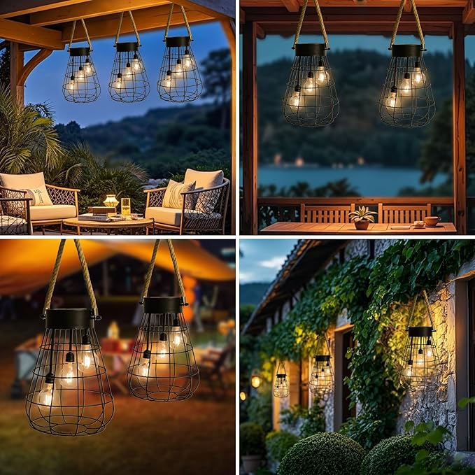 Solar Hanging Lantern with Rope, Vintage Industrial Pendant Light, 12.8" Solar Powered Outdoor Lantern, IP65 Waterproof Garden Light, Warm White Glow, Rechargeable for Patio, Porch, Yard Decor-Ruum Studio Home