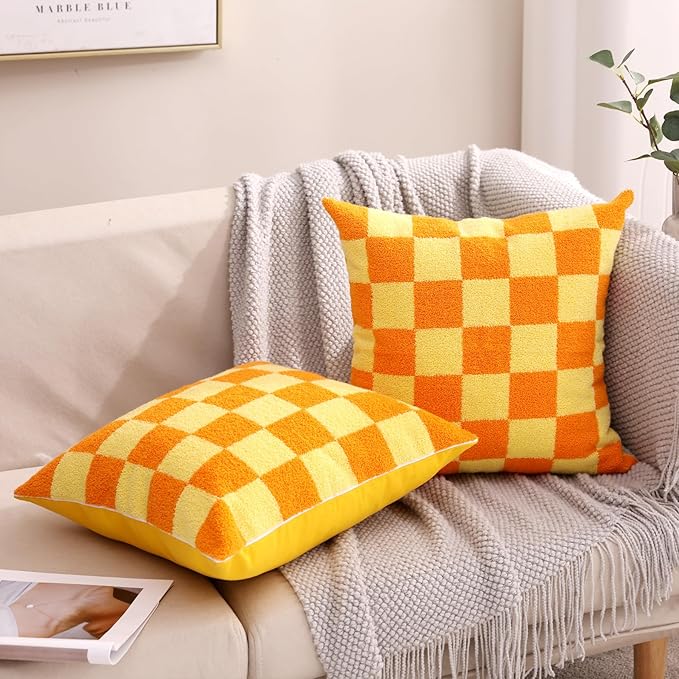 Alysheer Checkered Embroidered Decorative Throw Pillow Covers 18"x 18" Set of 2, Farmhouse Boho Orange Yellow Plaid Tufted Patterned Cotton Canvas Cushion Case for Sofa Couch Bed Living Room Outdoor-Ruum Studio Home