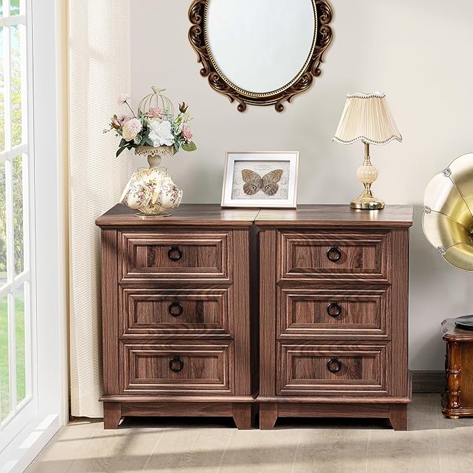 Farmhouse Night Stand Set of 2, 18" End Table with 3 Drawer Metal Handle, Dresser for Bedroom, Sofa Bed Side Table Chest of Drawers,Wood Nightstand Cabinet for Organizer, Living Room-Brown-Ruum Studio Home