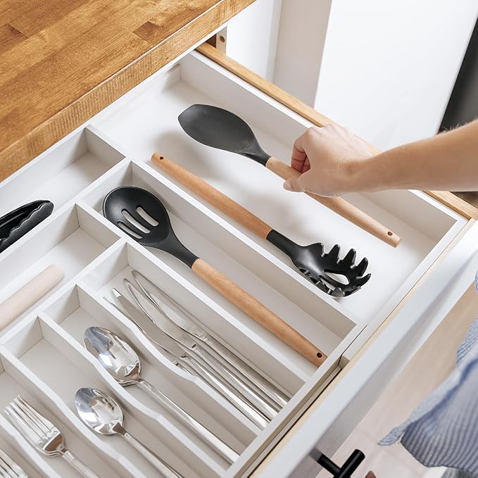 Premium Silverware, Flatware and Utensil Organizer for Kitchen Drawers, Food-Safe Contract Grade, Expandable from 18 to 33 In, White Bamboo-Ruum Studio Home