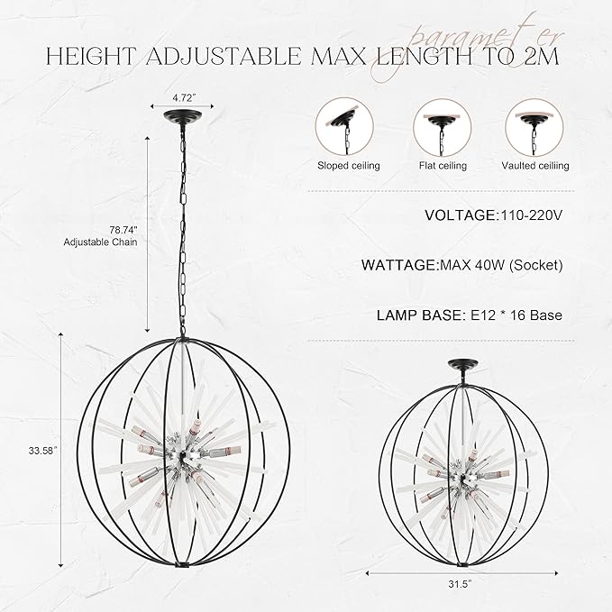 31.5" Black Chrome 16-Light Globe Sputnik Chandelier Modern Adjustable Hanging Ceiling Glass Tube Pendant Light Fixture for Entryway Foyer Stairway Dining Living Room Hallway-Ruum Studio Home