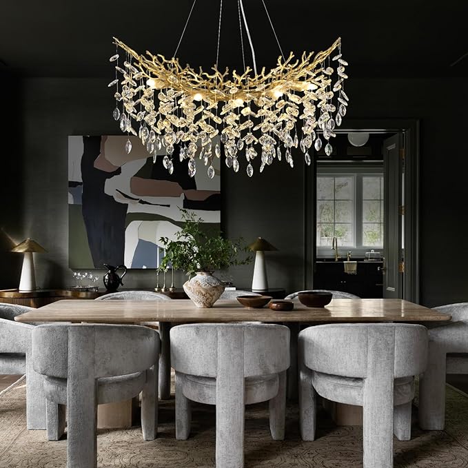 Modern Crystal Gold Chandelier, 36" Large Rectangular Oval Tree Branch Crystal Chandeliers for Dining Room,16-Light Flush Mount K9 Crystal Chandeliers, for Kitchen Island,Dining Room-Ruum Studio Home