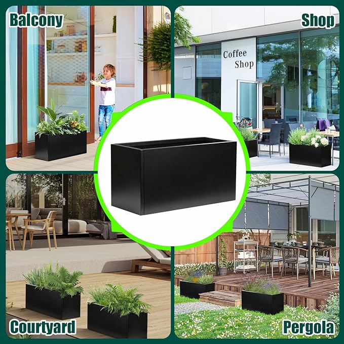 Galvanized Steel Metal Planter Rectangular Indoor Black Planter Box Large Outdoor Planters Steel 25" Lx 11" W x 13" H Commercial Residential for Patio, Deck, Garden-Ruum Studio Home