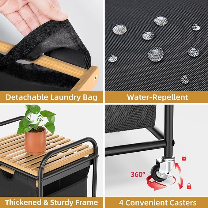 Laundry Hampers 1 Section, Laundry Sorter with Removable Shelf and Pull-Out Bags, Clothes Hampers with Wheels Rolling Cart Basket for Laundry Room Bathroom, 50 L (Black)-Ruum Studio Home