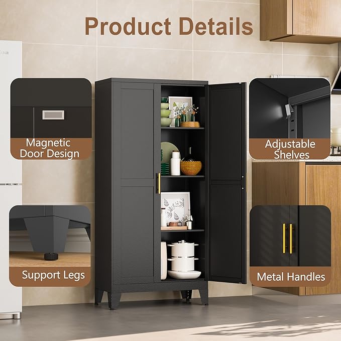 Metal Kitchen Pantry Storage Cabinet with 2 Doors and 3 Adjustable Shelves,Pantry Cabinet with Adjustable Leveling Foot for Kitchen, Living Room, Dining Room（Black）-Ruum Studio Home
