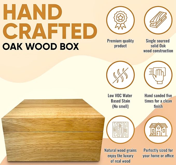 Blake & Lake Wooden Eco Box with Hinged Lid - Solid Oak Wood Storage Box with Lid - Wooden Keepsake Box - Decorative wooden boxes with lids for Keepsakes (Oak)-Ruum Studio Home