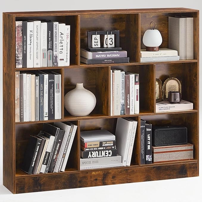 LEYAOYAO 10 Cube Bookshelf with Base,3 Tier Mid-Century Modern Grey Bookcase,Standing Wide Bookshelves Storage Organizer Shelf,Rustic Wood Display Cabinet Book Shelves for Bedroom,Living Room,Office-Ruum Studio Home