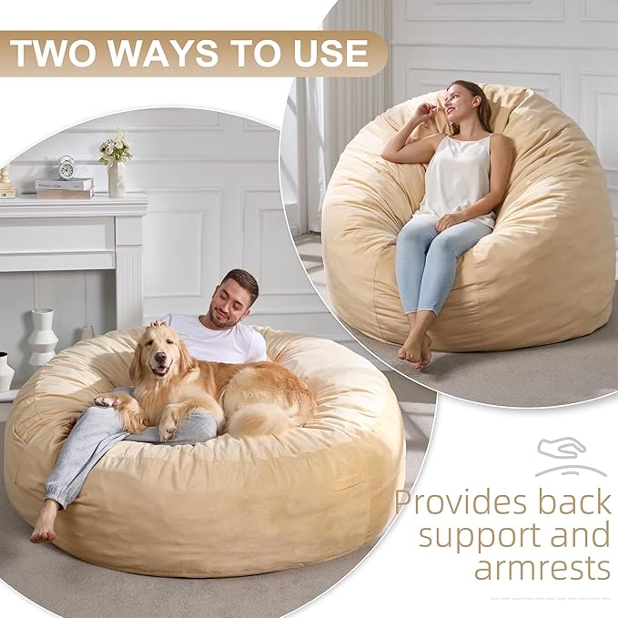 Hobestluk 6FT Bean Bag Chair Bean Bag Chairs for Adults Giant Bean Chairs with Velvet Cover, Memory Foam BeanBag Chair Fluffy BeanBag Chairs for Living Room, Bedroom- Khaki (70" x 70" x 15")-Ruum Studio Home
