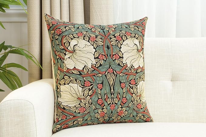 Charlotte Home Furnishings Pimpernel Red Green Floral Throw Pillow Cover 18” x 18” – Double-Sided Tapestry Cushion Cover for Couch, Sofa, or Bed | 100% Cotton Jacquard Woven in Europe-Ruum Studio Home