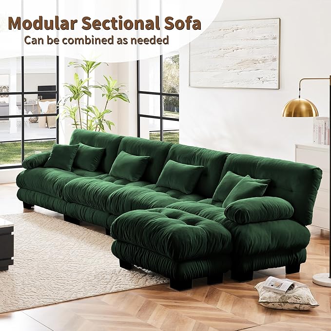 Modular Sectional Sofa, Comfy Cloud Couch 3 Seater Couch with Ottoman, Sectional Couches for Living Room, Modern Chenille L Shaped Couches, Sleeper Deep Seat Sofa with Throw Pillows, Green-Ruum Studio Home