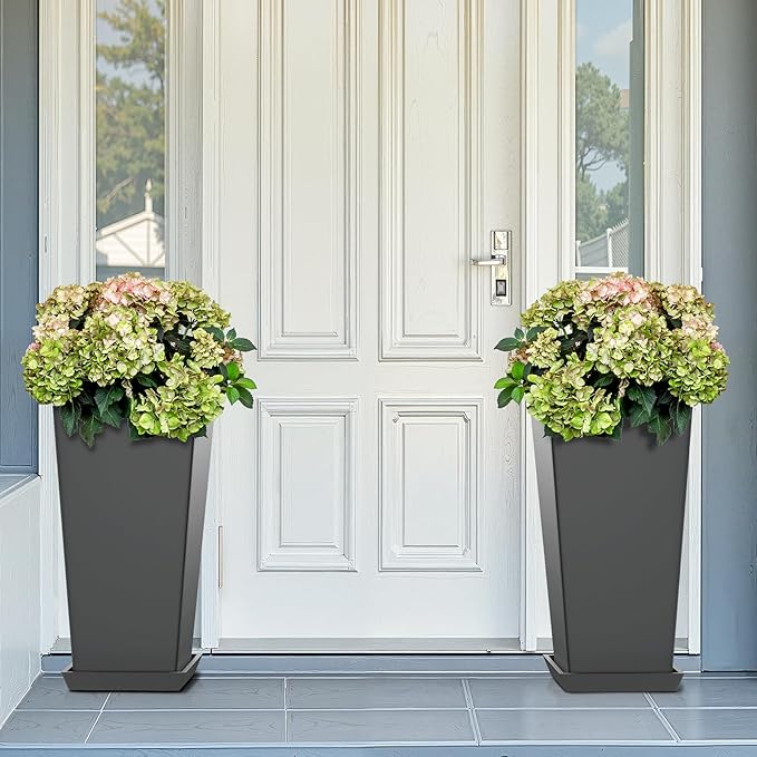 FENCY Set of 2 Tall Planters for Outdoor Plants, 24 Inch Large Tapered Pots with Drainage Trays, Weather-Resistant Plastic Plant Containers for Patio, Porch, Garden, Front Door Decor,Gray-Ruum Studio Home