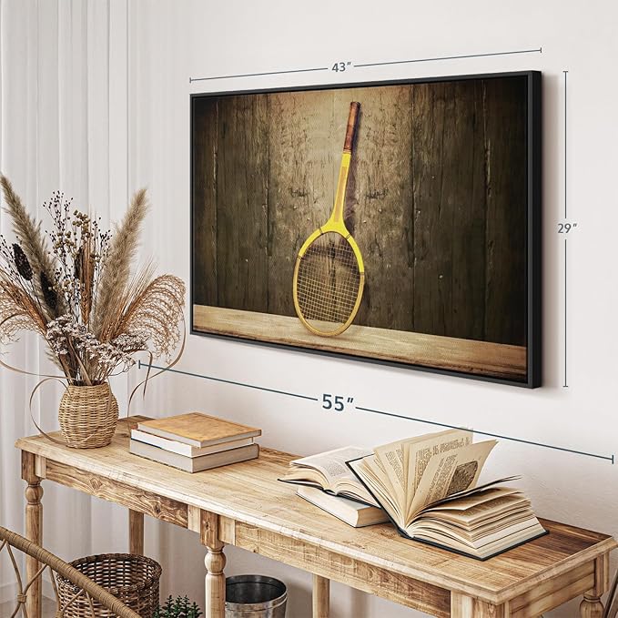 ElephantStock Vintage Tennis Racket Wall Art - Horizontal Framed Canvas - 1-Piece Living Room Wall Decor - Photography Sports Canvas Print - Brown and Black Decor for Wall - 43" X 29"-Ruum Studio Home