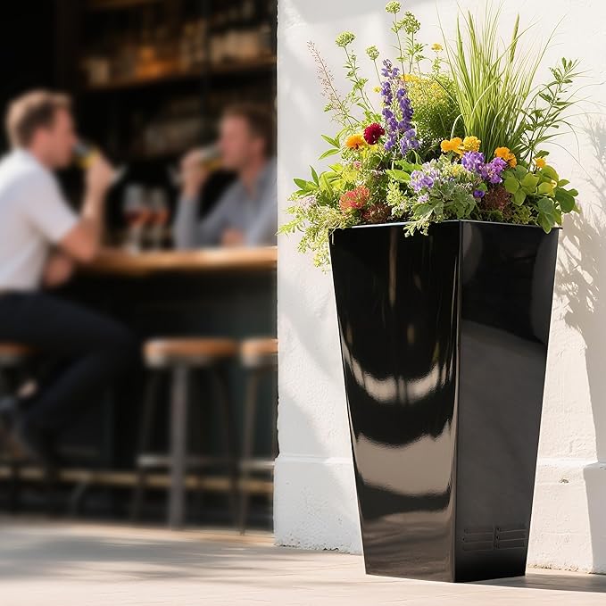 Worth Garden 28" H. Large Metal Glazed Planter Set of 2, Modern Glossy Finish Black Tall Square Tapered Steel Flower Plant Pots for Indoor & Outdoor Use - Insert Plate with Drain Holes, Air Vents-Ruum Studio Home