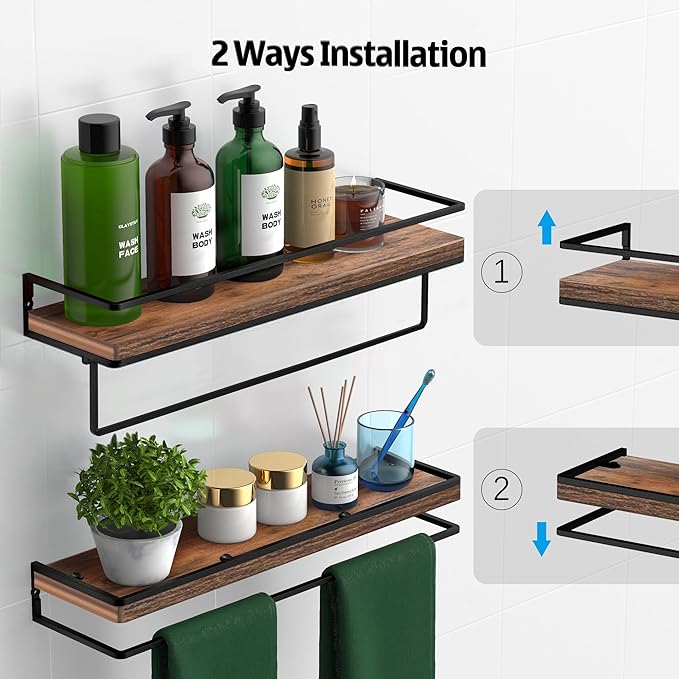 Meangood Floating Shelves Wall Mounted Set of 2, Wall Shelf with Towel Bar Rustic Wood Wall Storage Shelves for Bedroom,Living Room,Bathroom, Kitchen Rustic Brown-Ruum Studio Home