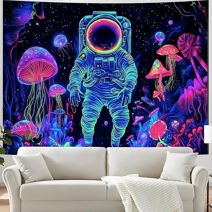 BVBOX Astronaut Space Blacklight Tapestry 79"x59", UV Reactive Astronaut Mushroom Forest Universe Galaxy Planet Glow in Dark Tapestries, Black Light Neon Upright Poster Wall Hanging Backdrop Decor for Bedroom Living Room-Ruum Studio Home