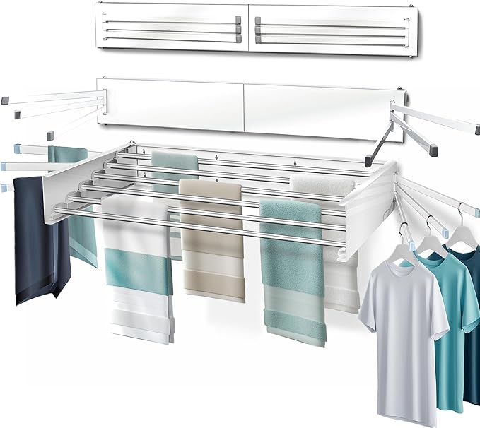 MODERN-X Wall Mounted Clothes Drying Rack with 6 Swivel arms, 35”Wide, 26 Linear ft of Laundry Drying Rack Space, 6 Collapsible Aluminum rods, 2X Drying Capacity, Space Organizer Holds up to 60lbs-Ruum Studio Home