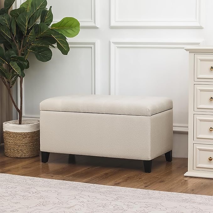 Asense Storage Ottoman Bench, Tufted Fabric Upholstered End of Bed Bench with Safety Hinge Wooden Legs, for Entryway Bedroom (Cotton and Linen Beige, 33.3")-Ruum Studio Home