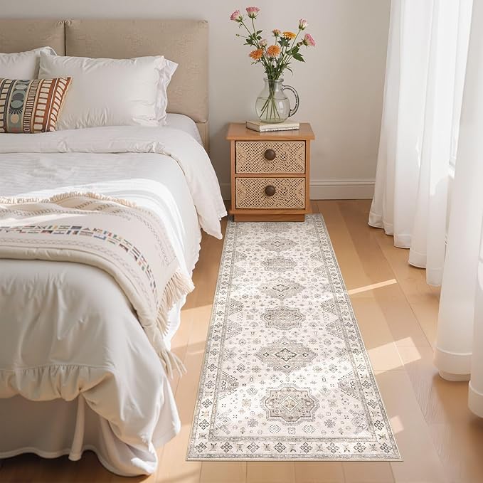 Washable 2x6 Runner Rug - Area Rugs Neutral Vintage Distressed Floral Farmhouse Boho Large Soft Floor Rug Indoor Carpet for Hallway Entryway Bedroom Kitchen - Beige Brown-Ruum Studio Home