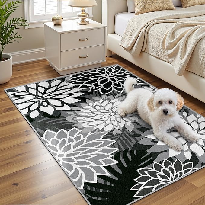 Area Rug 3x5 Black White Washable Entry Rug Multicolored Tropical Botanical Modern Floral Indoor Kitchen Door Mat Entrance Carpet Non Slip for Bedroom Living Room, Porch-Ruum Studio Home