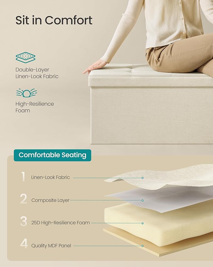 SONGMICS MAZIE Collection - 43 Inches Folding Storage Ottoman Bench, Ottoman Foot Rest, End of Bed Bench, Storage Chest, Load 660 lb, for Living Room, Bedroom, Entryway, Cream White ULSF77BE-Ruum Studio Home