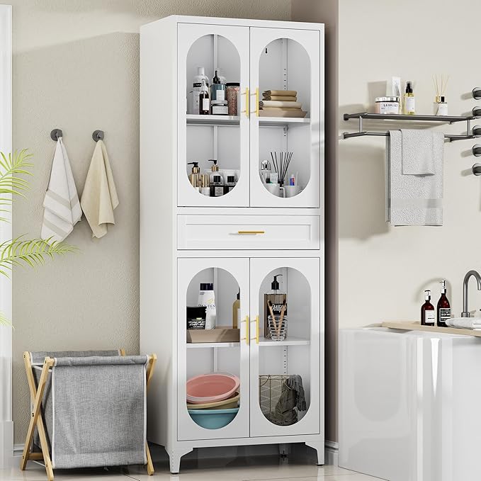 75” Tall Kitchen Pantry Storage Cabinet, Metal Storage Cabinet with 1 Drawer and Adjustable Shelves, Kitchen Pantry Cupboard, Freestanding Cupboard for Bathroom (White-4 Doors and 1 Drawer)-Ruum Studio Home