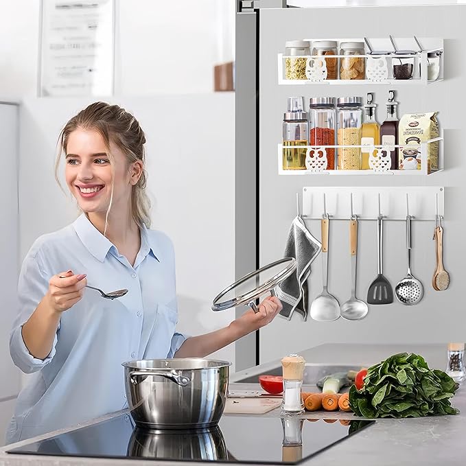 Magnetic Spice Rack,Magnetic Shelf for Fridge,Spice Organizer,Fridge Organizer,Kitchen Storage Organization with Magnetic Hooks,Owl Home Decor(White)-Ruum Studio Home