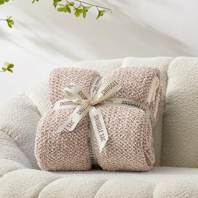 Snuggle Sac Heather Taupe Throw Blanket for Couch, Reversible Super Soft Knitted Blankets Warm Cozy Knit Fuzzy Plush Lightweight Throws for Sofa, Bed, Camping, Picnic, Taupe, 50x60 inches-Ruum Studio Home