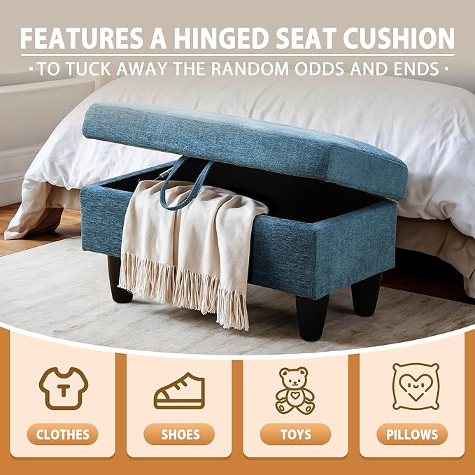 Ottoman Rectangular Storage Ottoman Bench, Flannel Footrest Stool Footstool with Lid for Living Room, Bedroom, Entryway, Light Blue, 28.5"x19"x17.5"-Ruum Studio Home