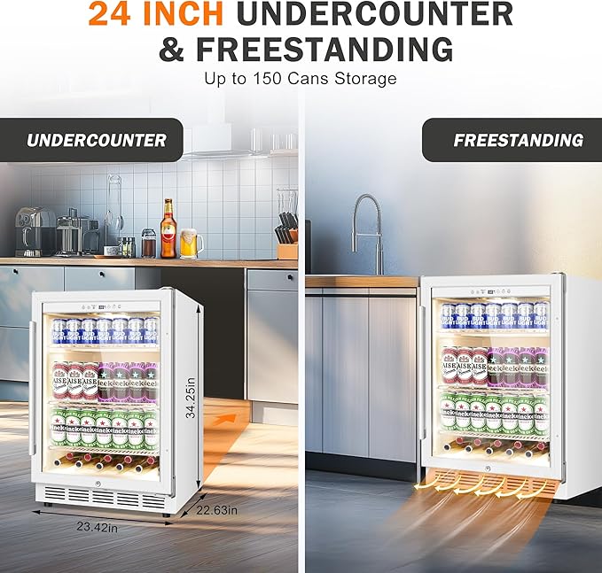 Beverage Refrigerator 24 Inch Drink Fridge, Beer Fridge, 150 Cans Beverage Cooler, Under Counter Refrigerator, Drink Cooler Undercounter Outdoor Refrigerators, Single Glass Door Bar Fridge-Ruum Studio Home