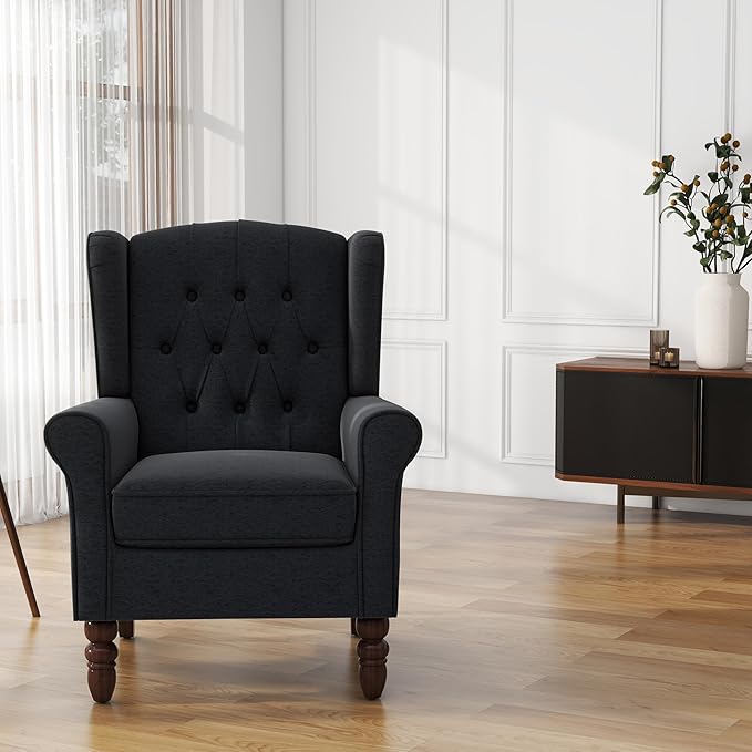 UIXE High Back Accent Chair, Upholstered Armchair in Fabric, Retro Wingback Arm Chair for Living Room, Comfy Single Sofa Bedroom Reading Seat with Solid Wood Legs - Black Blue-Ruum Studio Home