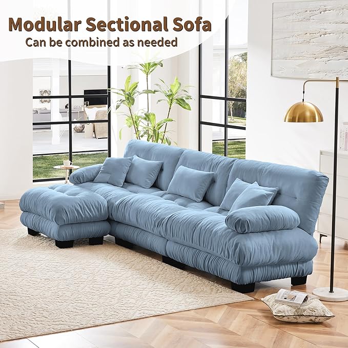 Modular Sectional Sofa, Comfy Cloud Couch 3 Seater Couch with Ottoman, Sectional Couches for Living Room, Modern Chenille L Shaped Couches, Sleeper Deep Seat Sofa with Throw Pillows, Blue-Ruum Studio Home