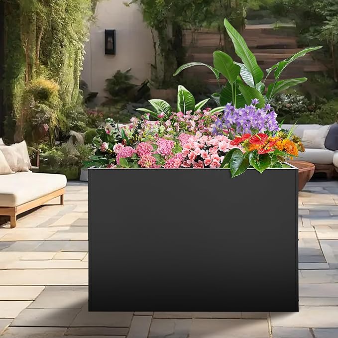Metal Rectangular Planter Box, Large Planter Boxes Outdoor, 37''L x 13''W x 26''H Heavy Duty Plant Box with Removable Insert Shelf, 3 Tier Adjustable Height Tall Garden Planter for Plants, Flowers-Ruum Studio Home