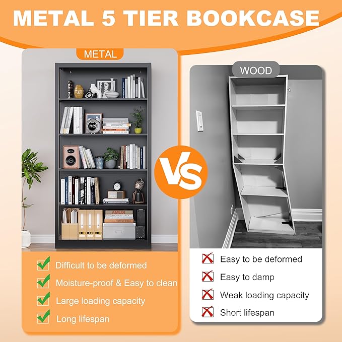 66" Tall Metal Bookcase, 5 Shelf Black Bookcase with Adjustable Shelves, Large Bookshelves and Bookcases, Modern Book Shelf Storage Organizer for Living Room, Home Office, Library (Black)-Ruum Studio Home