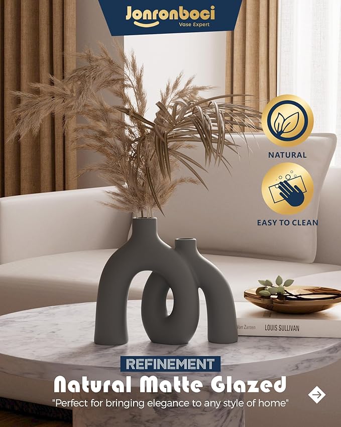 Hug Donut Decorative Vase Set - Dark Gray Modern Minimalism Industrial Style Vases Home Decor, Matte Ceramic Decorations for Living Room Shelf, Bookshelf Mantle Entryway Table or Console Décor(Gray)-Ruum Studio Home