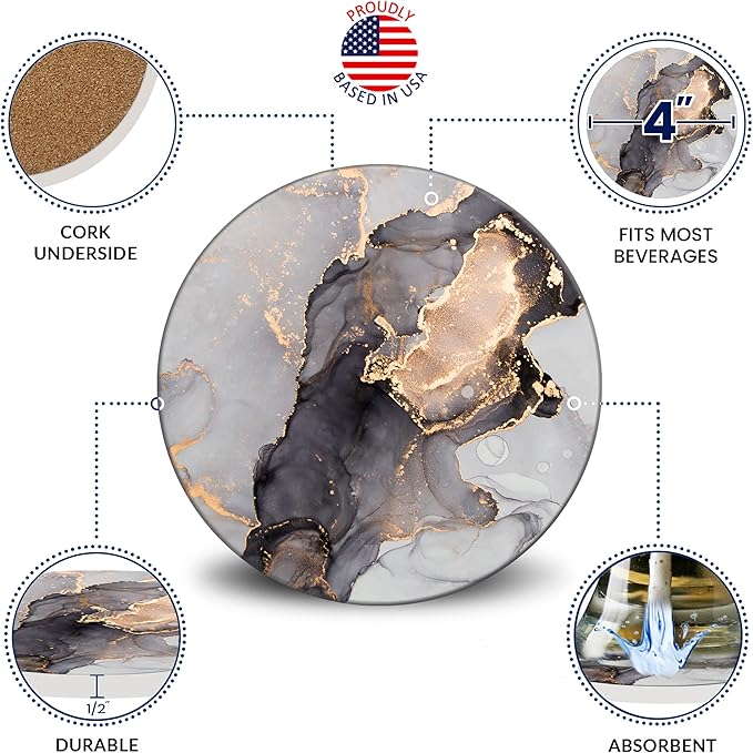 Emerson Coasters for Drinks Absorbent – Saucers Coffee Table Set of 6 with Holder, 100% Ceramic Wooden Tabletop Protection Marble Style, Non-Slip & Cork Bottom - Heavy Duty Drink Coasters (Crown)-Ruum Studio Home