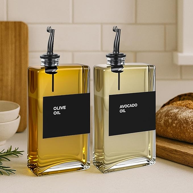 Olive Oil Dispenser Bottle - Includes 44 Kitchen Essential Labels - Cooking Oil Bottles for Kitchen, Coffee Syrup Dispenser - Pourer Spout with 11.8 fl oz Glass Container Cruet - 4pcs, Black-Ruum Studio Home