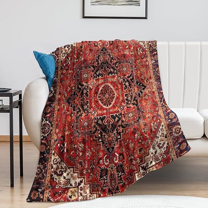 Heriz Antique Vintage Boho Persian Carpet Flannel Fleece Throw Blankets 50"X40" Lightweight Fluffy Winter Fall Blanket Cozy Soft Fuzzy Plush Home Decor for Couch Bed Sofa Bedroom Living Room Travel-Ruum Studio Home