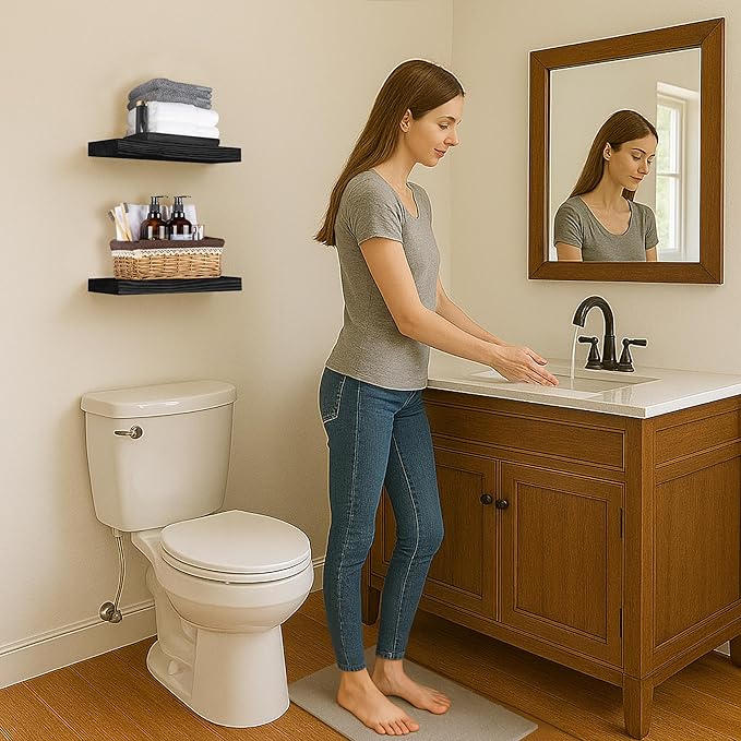 BGMG Wood Floating Shelves 18 inch,Black Floating Shelves,Solid Wood Wall Shelves for Bathroom Living Room Bedroom Kitchen Farmhouse Set of 2-18x 6.7 x1.25 inch-Ruum Studio Home