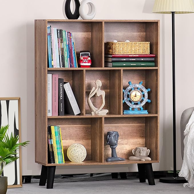 LEYAOYAO 7 Cube Bookshelf 3 Tier Modern Bookcase with Legs,Wood Book Shelves Storage Organizer Shelf,Free Standing Bookcases,Oak Display Bookshelves-Ruum Studio Home