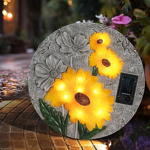 DREAM GARDEN Garden Décor Sunflower Outdoor Decorative Stones, Solar Garden Stone Resin Outdoor Garden Stone Patio, Walkway Stones Yard Art, 10.75 Inch-Ruum Studio Home