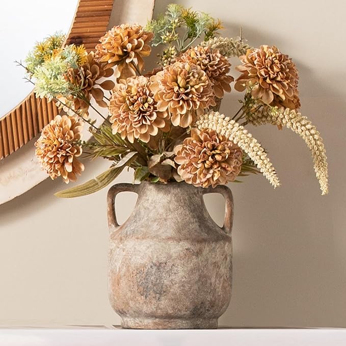 Mitt&Ditt Ceramic Flower Vase with Handles, 8 inch Tall Off-White Vase, Decorative Terracotta Vases, Farmhouse Rustic Pottery Vases for Home Decor, Living Room, Table-Ruum Studio Home