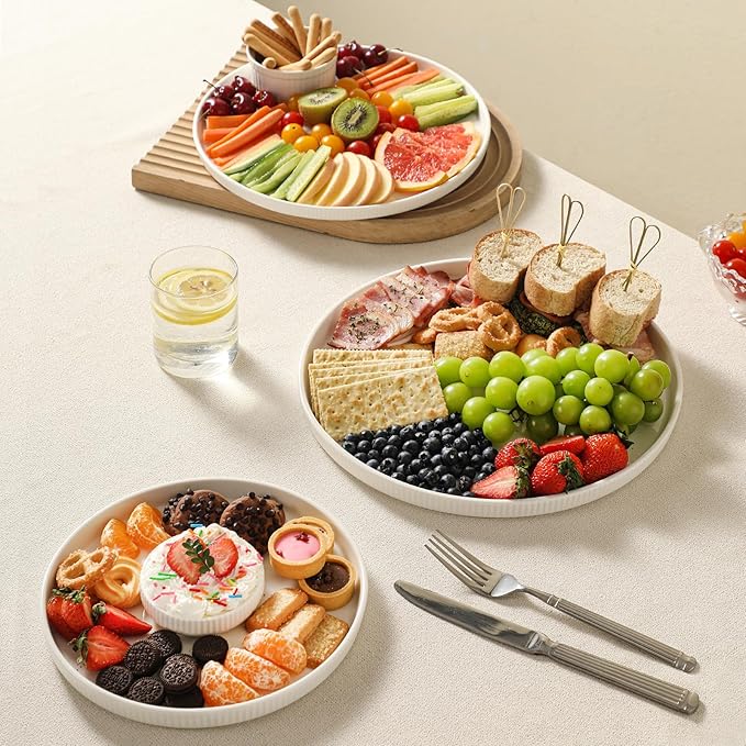 3 Packs Serving Platters, Large Serving Tray, Round Platters for Serving Food, Food Tray for Veggie Fruit Snack Dessert Cheese, White Ceramic Serving Trays for Party, Entertaining, 12.8”/10.8”/8.8”-Ruum Studio Home