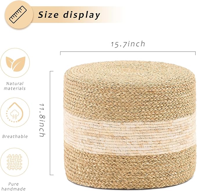 Handwoven Seagrass Ottoman Pouf, Round Outdoor Footstool with Sturdy Frame, No Assembly Needed, Boho Accent Stool for Indoor & Outdoor Use – Patio, Balcony, Living Room (Seagrass White)-Ruum Studio Home